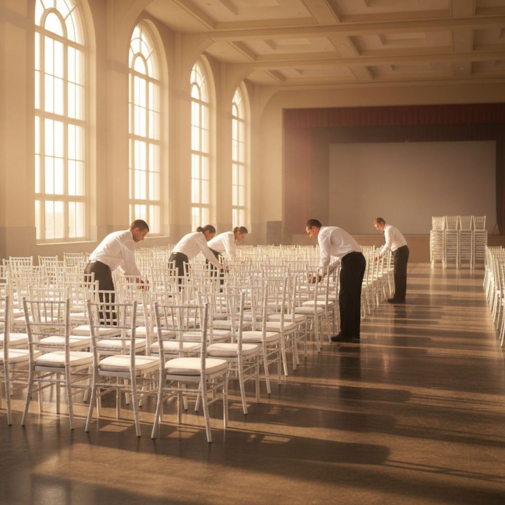 Аккуратная расстановка стульев в зале как финальный этап процесса аренды перед началом мероприятия.