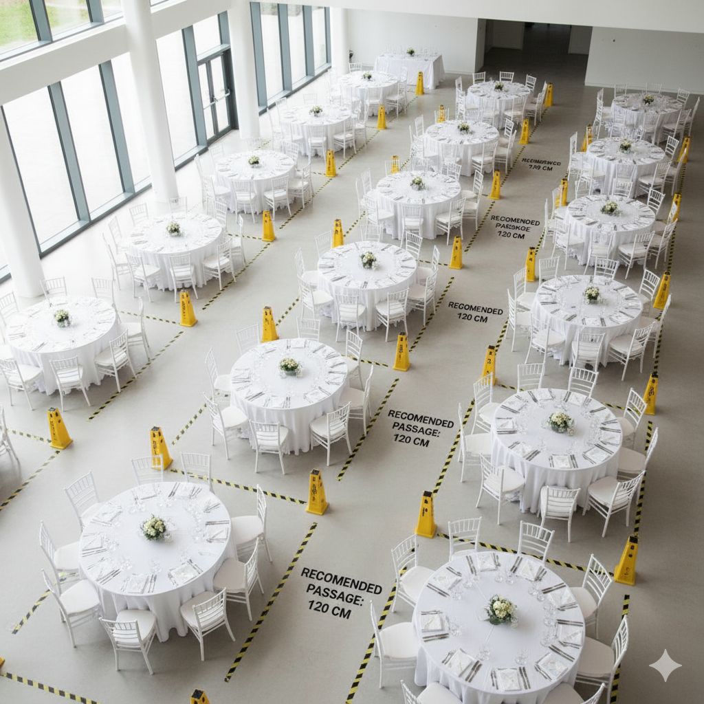 Вид сверху: правильная рассадка за круглым банкетным столом на 10 человек с учетом комфортных проходов.