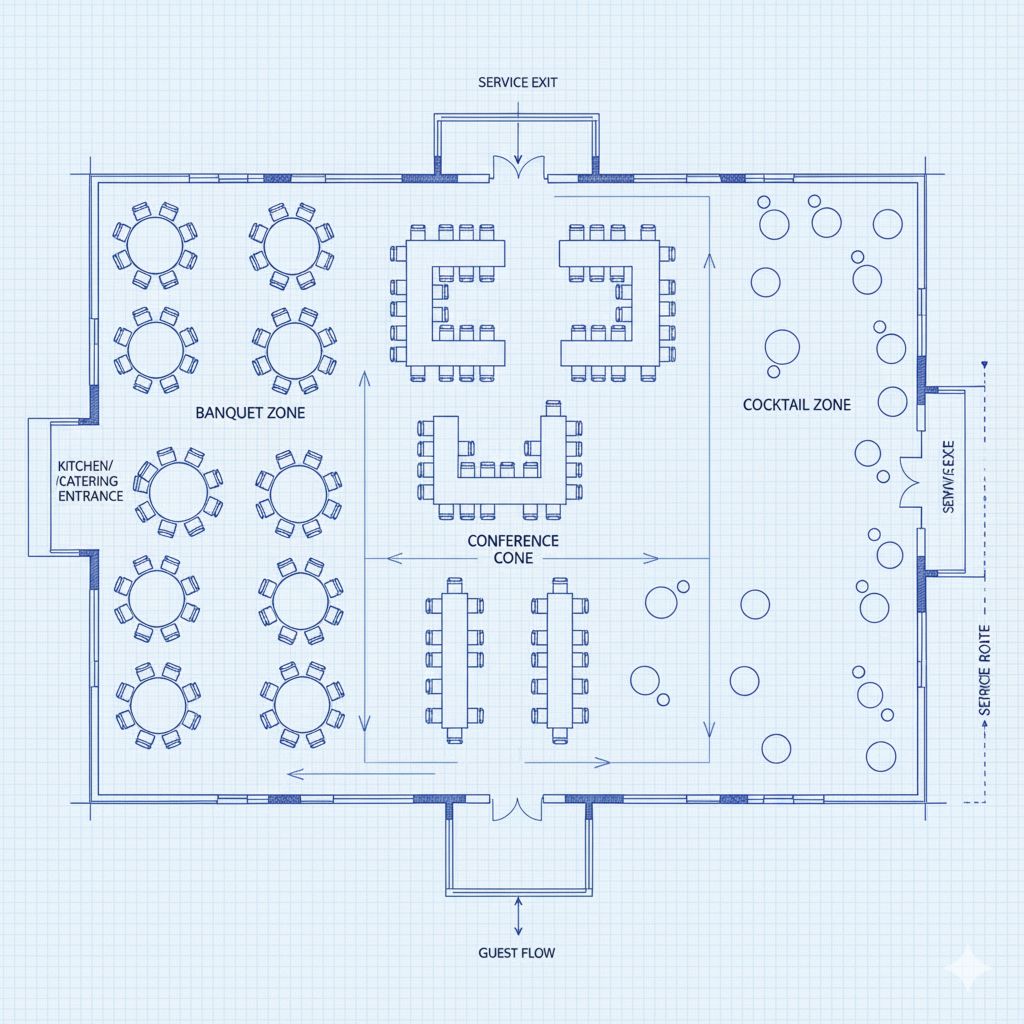 Технический план зала (чертеж) с зонированием: банкет, конференция и фуршетная зона.