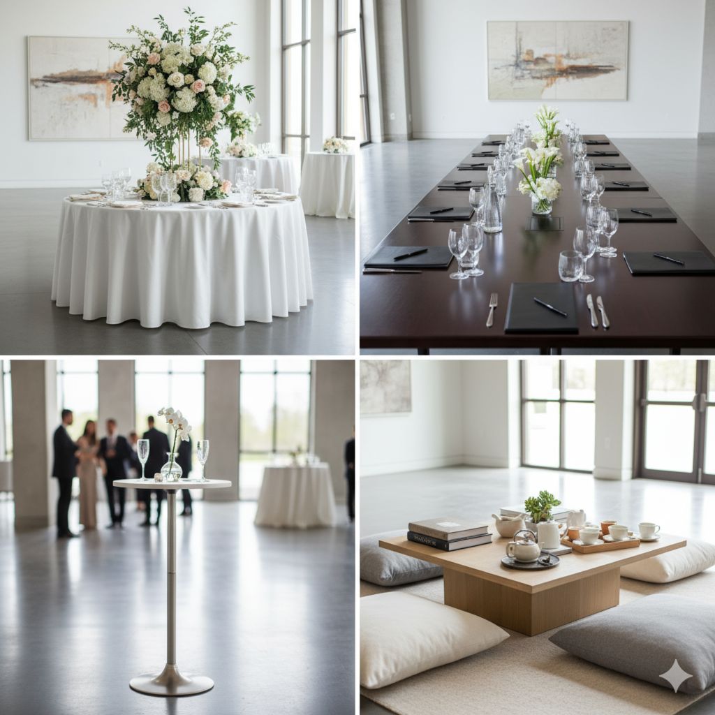 Разнообразие типов столов для мероприятий: круглый банкетный, прямоугольный конференц-стол, высокий коктейльный и лаунж-столик.