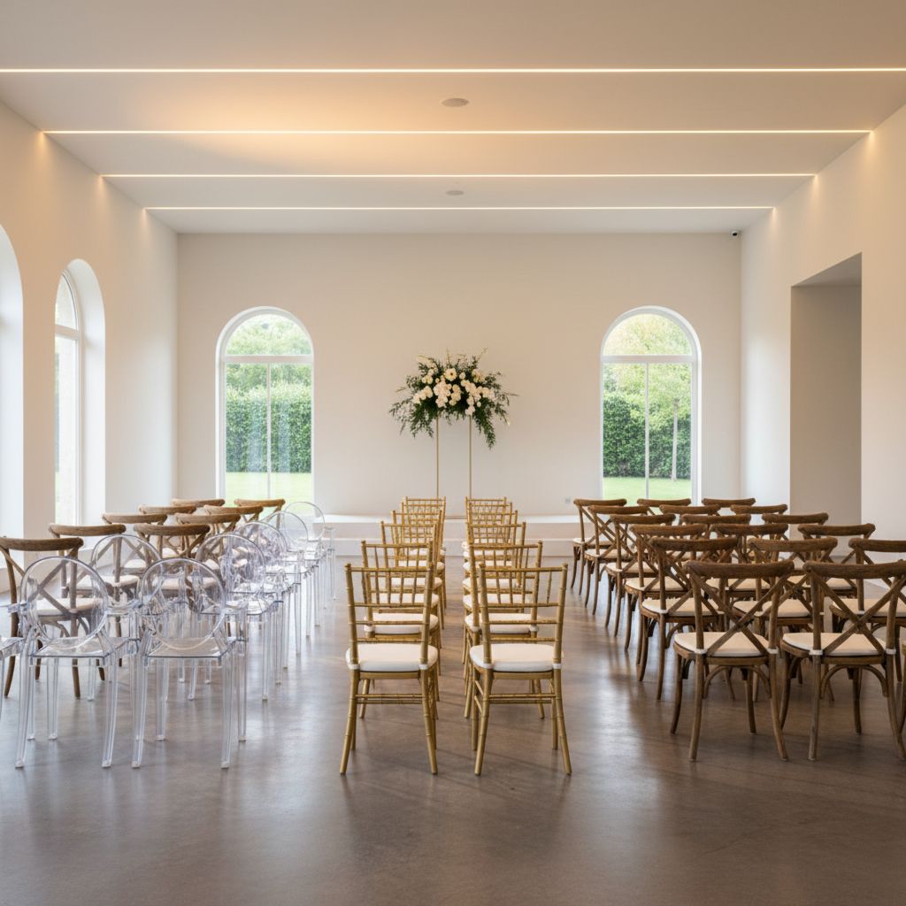 Разнообразные виды стульев для мероприятий, от классических Кьявари до современных прозрачных моделей, аккуратно расставленные в ряд.