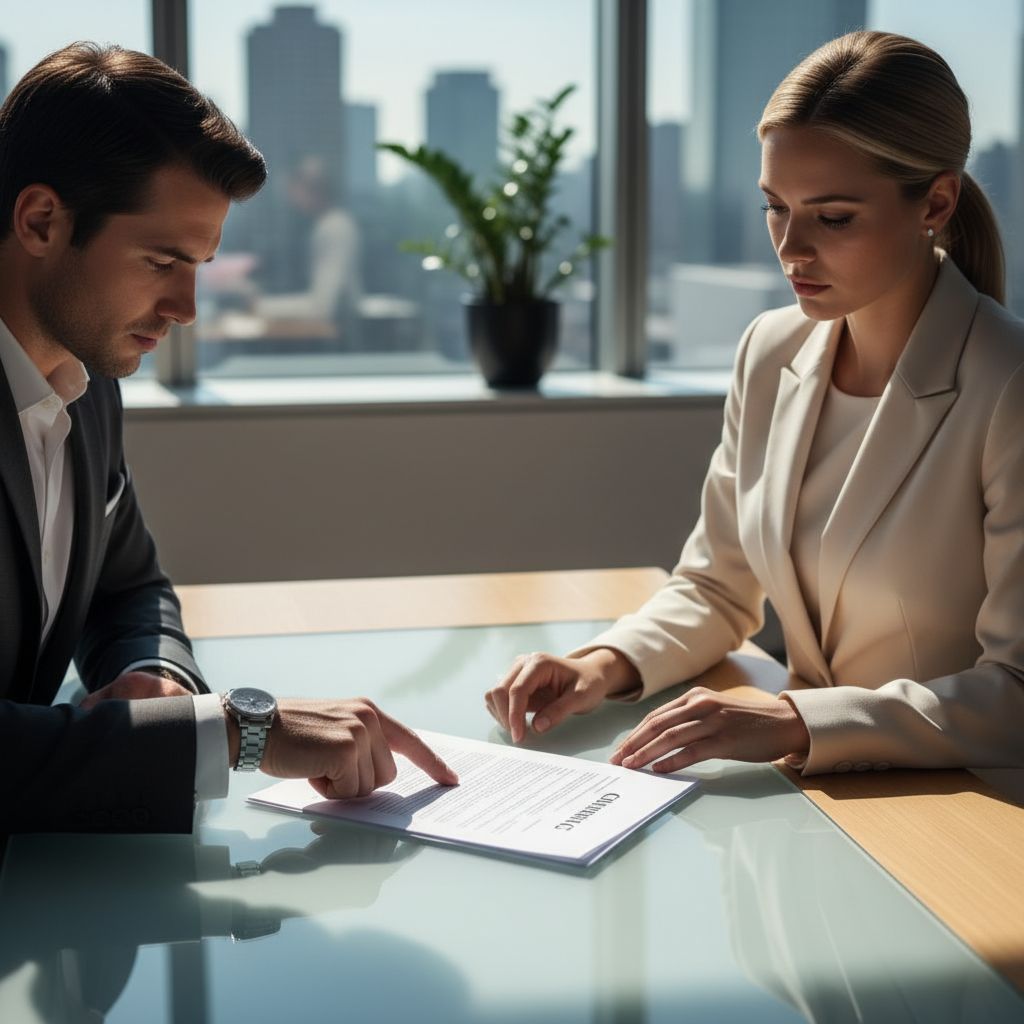 Организатор мероприятия внимательно изучает договор, обсуждая условия проката стульев с представителем компании.