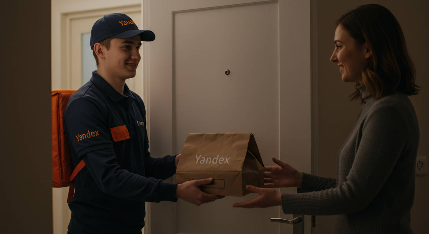 Велокурьер с термосумкой едет по выделенной полосе в центре города.