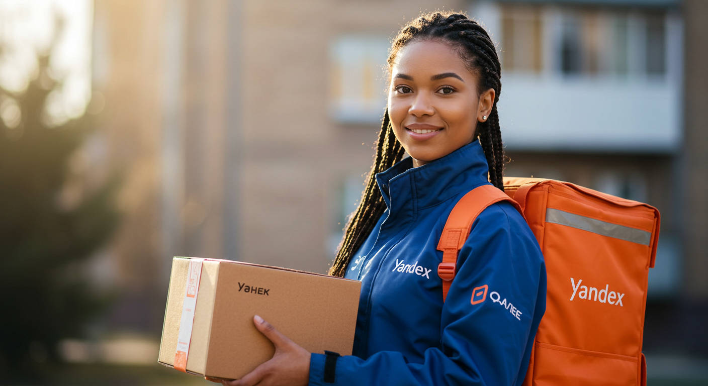 Курьер-подросток улыбается, передавая пакет с едой клиенту у двери.