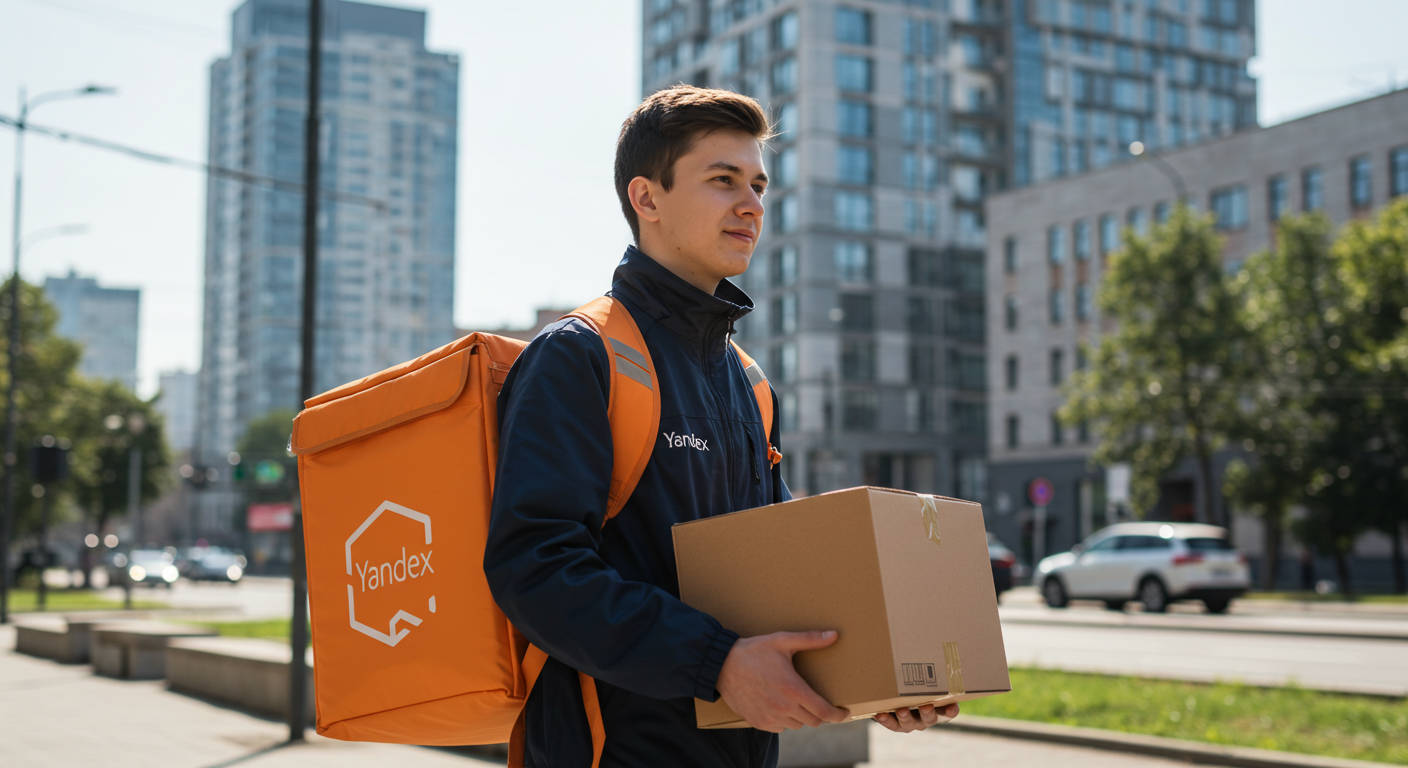 Курьер на велосипеде доставляет заказ в современном жилом комплексе.