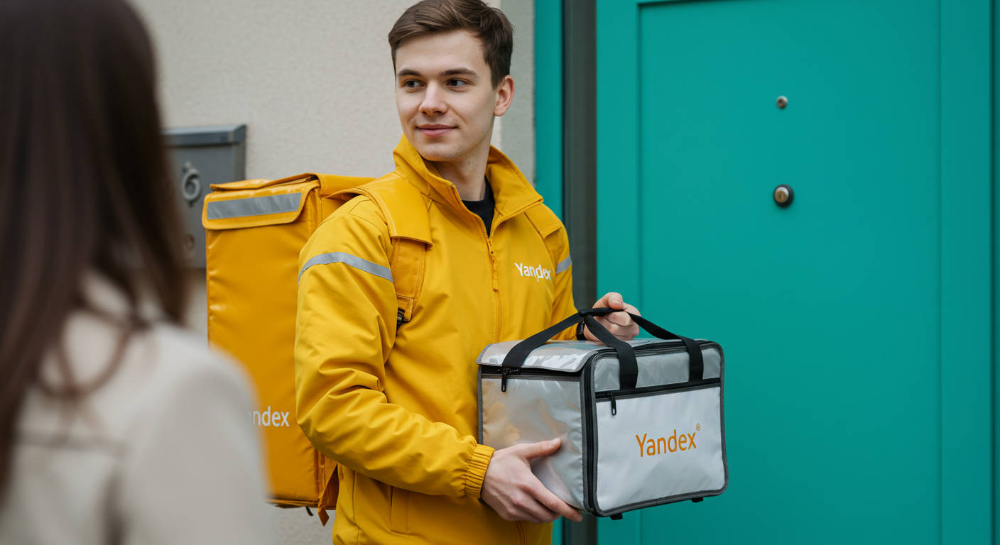 Пеший курьер в фирменной одежде проверяет маршрут на смартфоне.