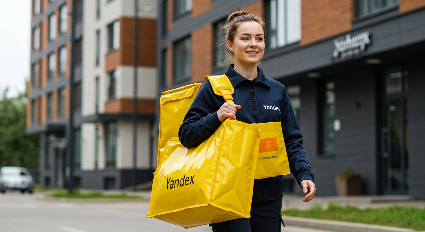 Курьер забирает запечатанный пакет с заказом из окна выдачи ресторана.