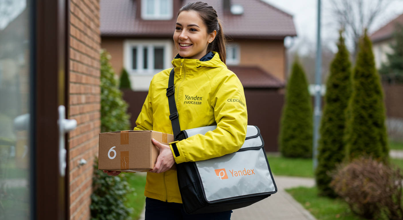 Молодой курьер с желтым рюкзаком на фоне оживленной городской улицы.