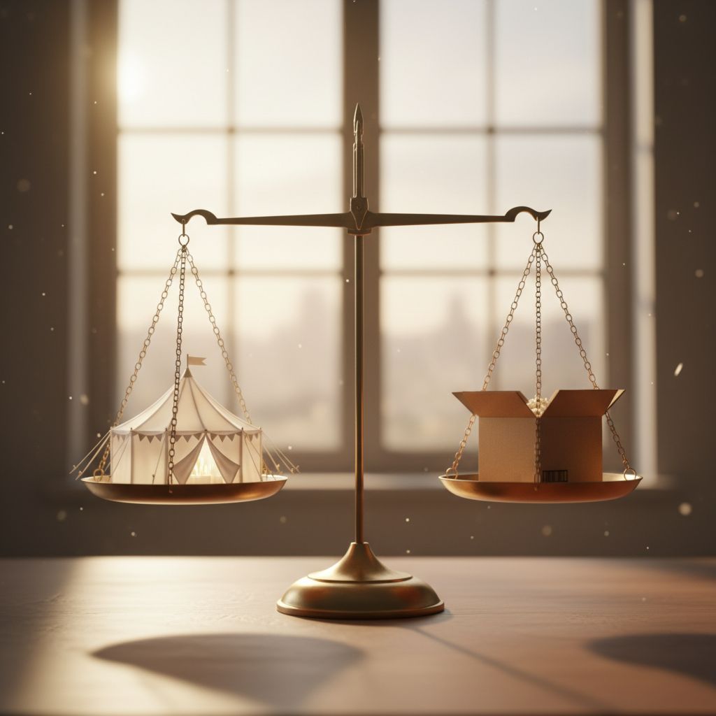 Схематичное изображение весов, где на одной чаше аренда шатра, а на другой — покупка, помогает визуализировать выбор.