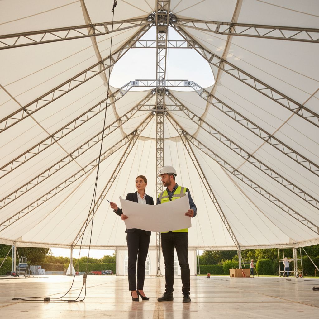 Менеджер отвечает на вопросы клиента по аренде шатров на фоне элегантной тентовой конструкции, готовой к мероприятию.