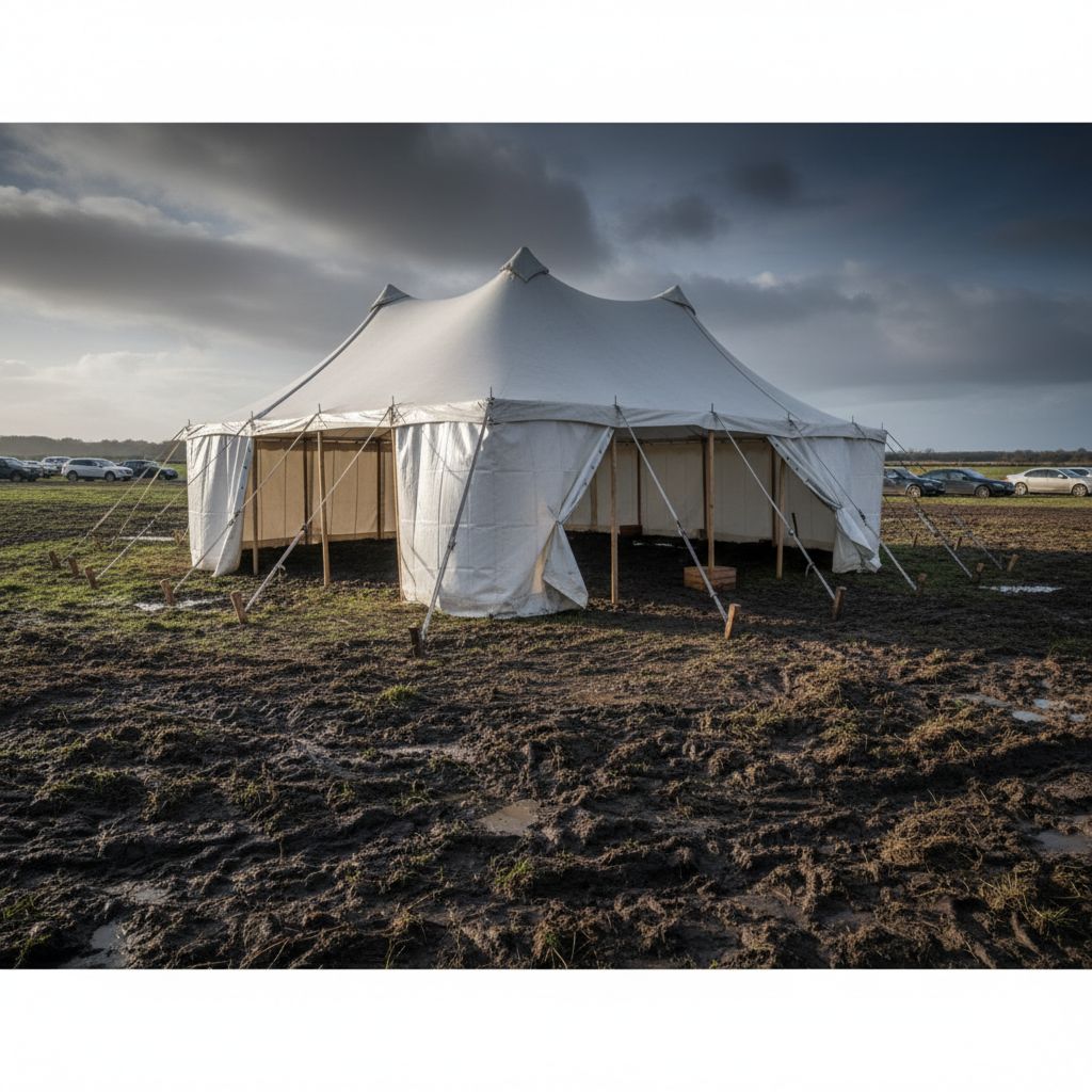 Пустой, плохо организованный шатер, демонстрирующий распространенные ошибки при аренде для мероприятия.