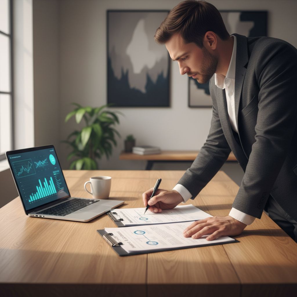 Человек внимательно изучает договор и портфолио компании перед тем, как выбрать подрядчика для аренды шатра.