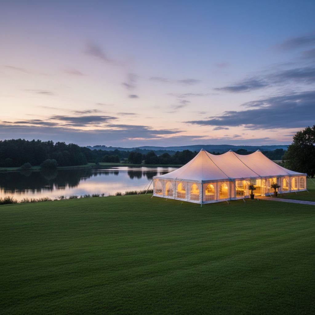 Большой и элегантный белый шатер для мероприятий, установленный для вечернего торжества на фоне природы.