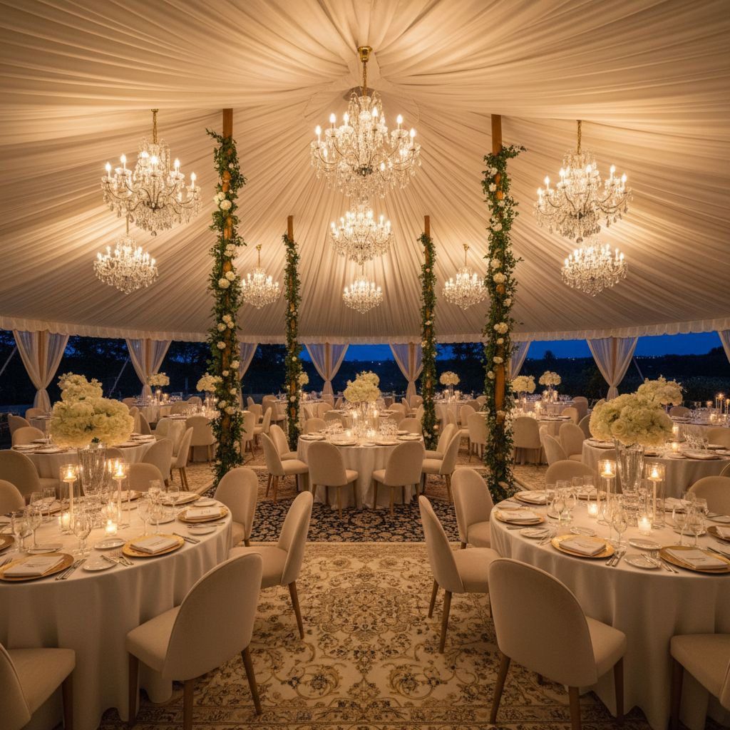 Интерьер полностью оборудованного шатра с банкетной мебелью, декором и профессиональным освещением для вечернего мероприятия.