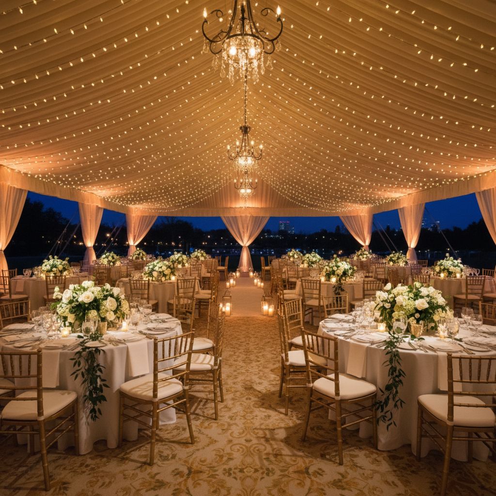 Интерьер полностью оборудованного шатра для мероприятия с мебелью, освещением и декором.