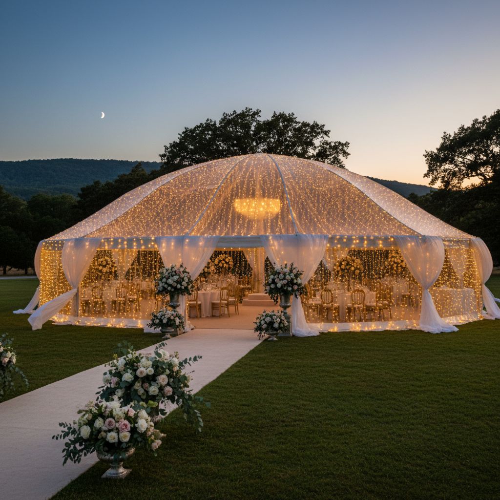 Элегантно украшенный свадебный шатер с гирляндами и цветочными композициями, демонстрирующий идеи оформления для мероприятий.