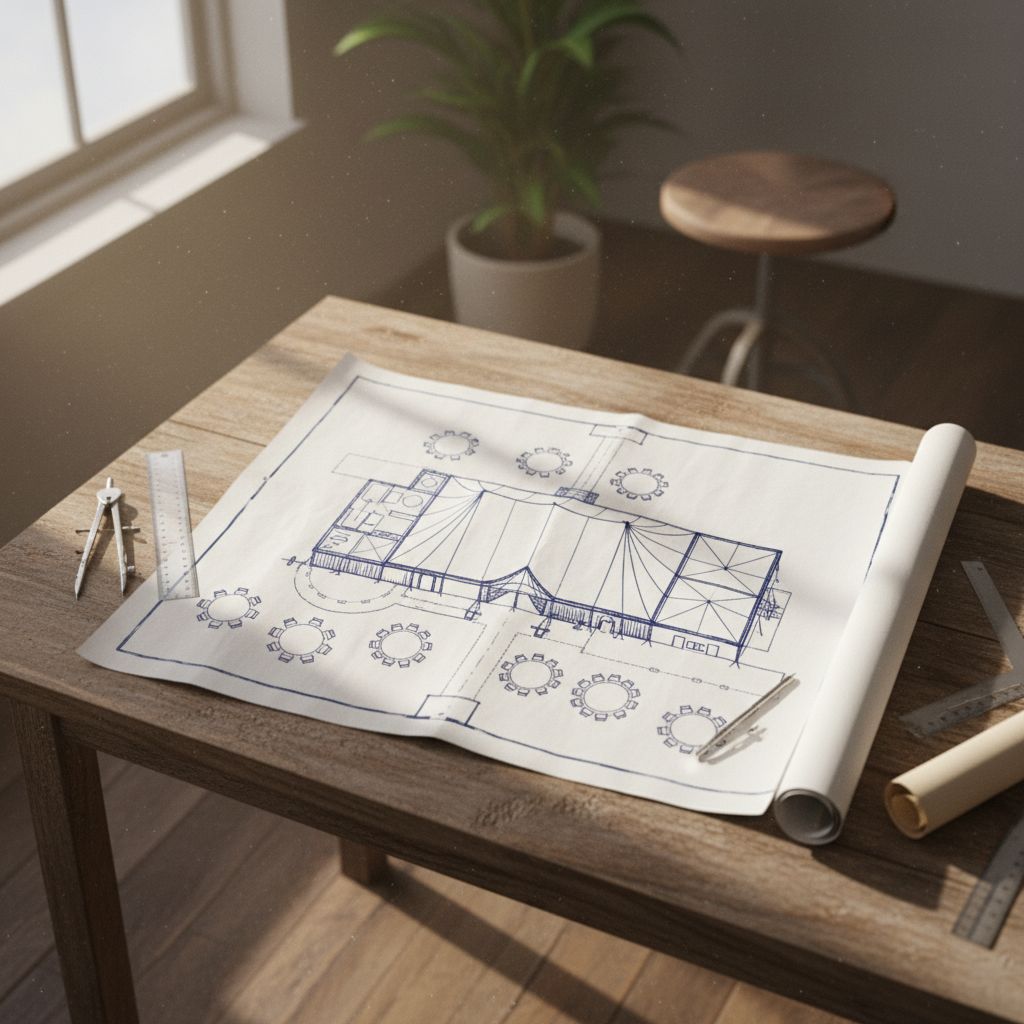 Инженерный чертеж для расчета вместимости и правильного зонирования пространства внутри большого шатра.