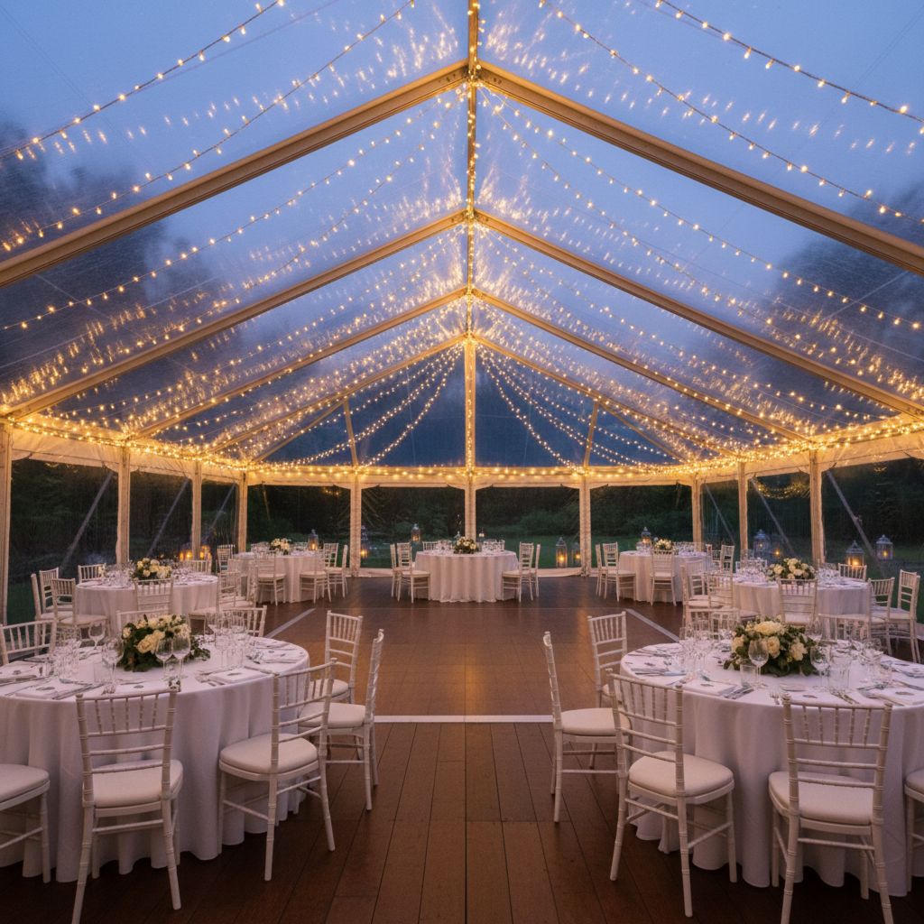 Внутренняя комплектация элегантного шатра для мероприятия, оборудованного мебелью, освещением и декором.