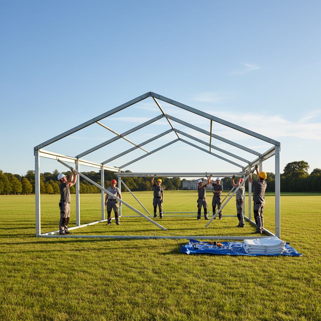 Процесс монтажа каркаса большого шатра на подготовленной площадке для проведения мероприятия.