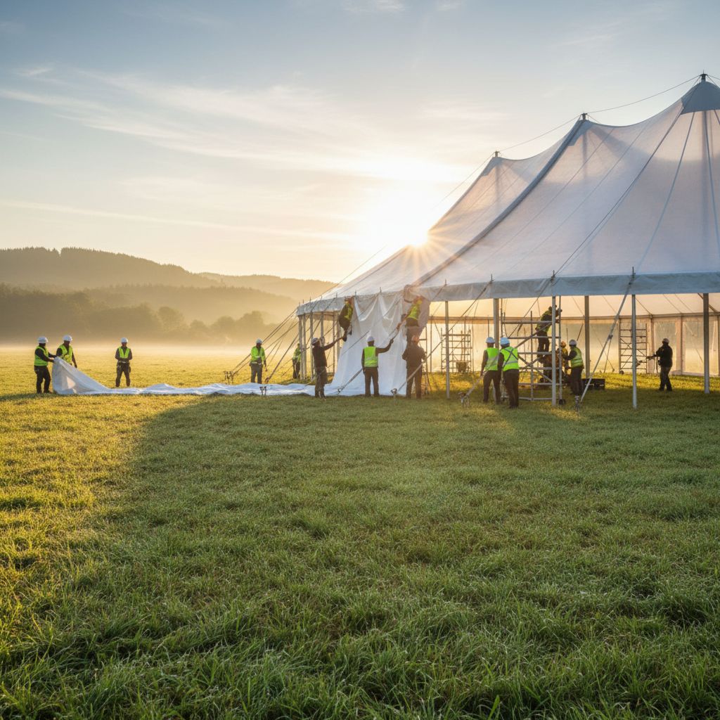 Пошаговый процесс аренды и монтажа большого шатра для мероприятия на открытом воздухе.