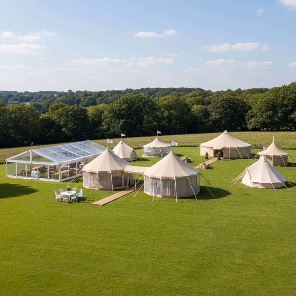 Различные виды шатров для мероприятий в аренду: арочные пагоды и большие двускатные павильоны на зеленой лужайке.