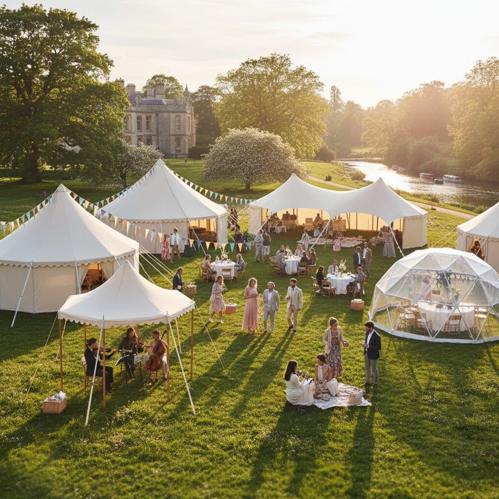 Разнообразие видов шатров для мероприятий, установленных на летнем фестивале под открытым небом.
