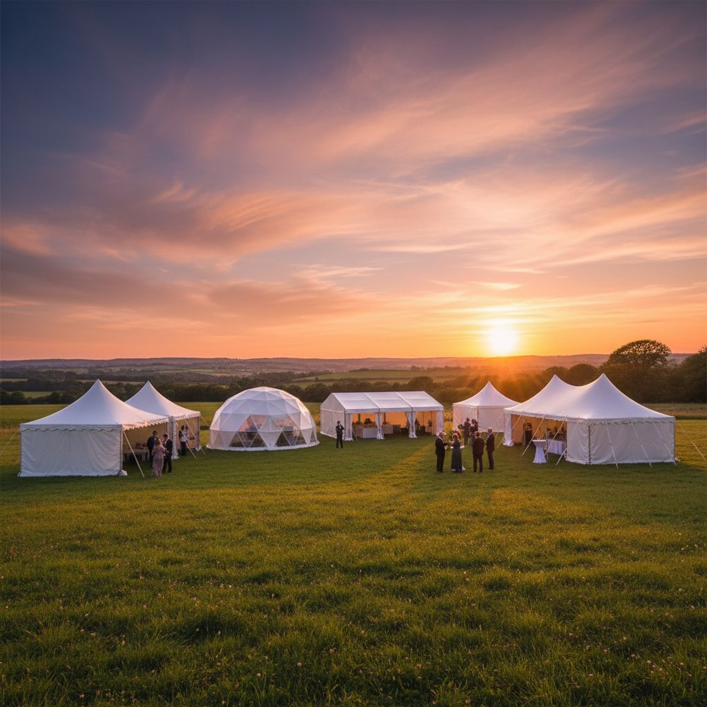 Различные виды шатров для мероприятий, установленные на живописной поляне для наглядного сравнения их форм и размеров.