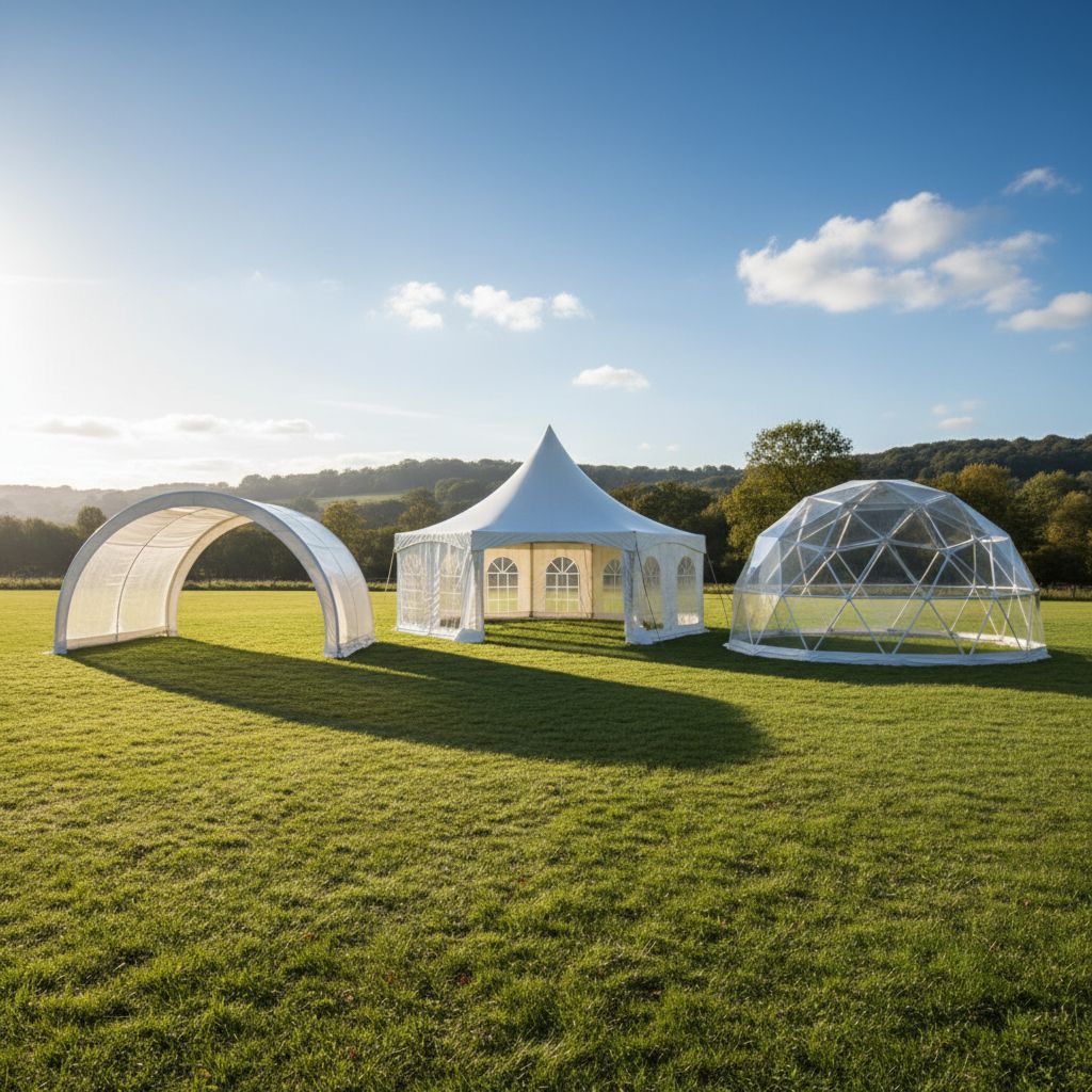 Три разных вида шатров для мероприятий — арочный, двускатный и сферический геокупол — на фоне заката.