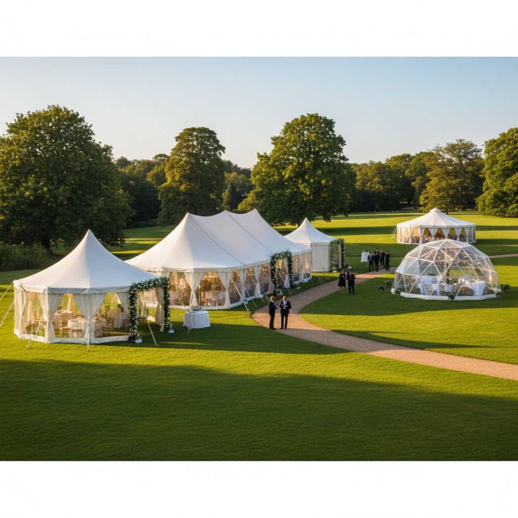 Различные виды шатров для мероприятий, установленные в парке: арочные, двускатные и элегантные пагоды.