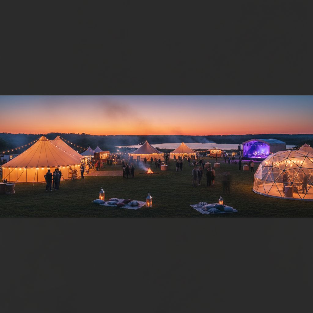 Различные виды шатров для мероприятий на открытом воздухе: арочный, двускатный, пагода и сферический.