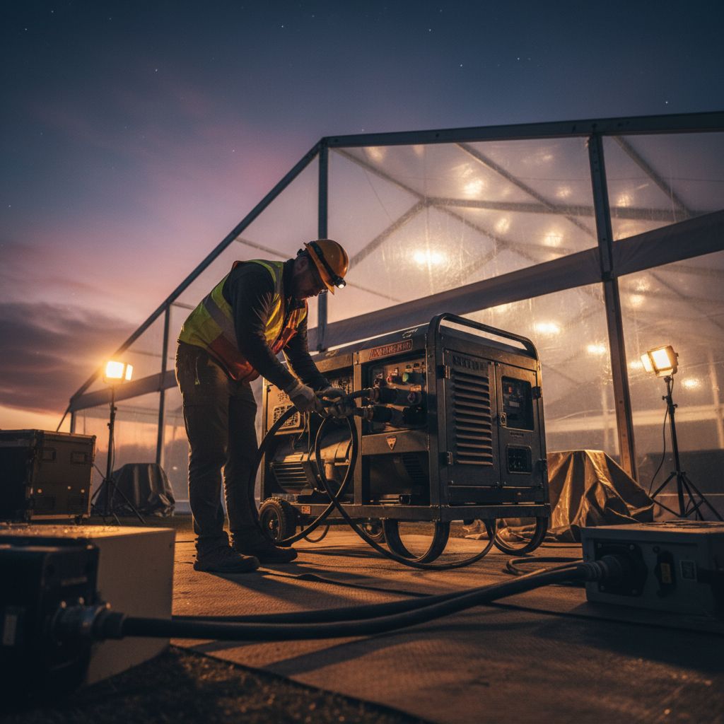 Технический специалист проверяет подключение электрооборудования для обеспечения безопасности шатра перед мероприятием в Москве.