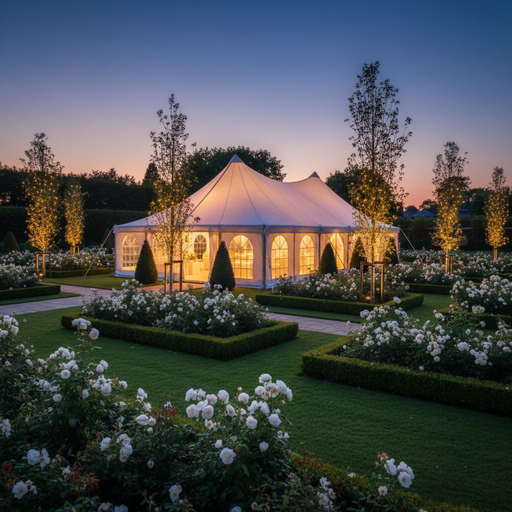 Элегантный белый шатер, установленный для мероприятия на открытом воздухе и подсвеченный вечером, как символ защиты от погоды и создания уникальной атмосферы.