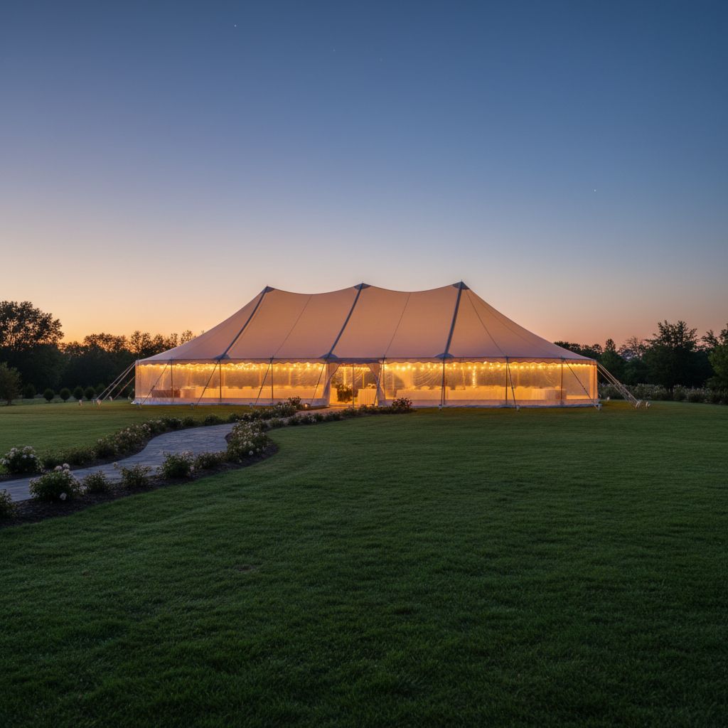 Элегантный свадебный шатер, украшенный гирляндами для вечернего мероприятия на открытом воздухе.