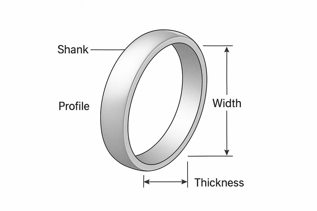 Схематичное строение обручального кольца: профиль, ширина, толщина