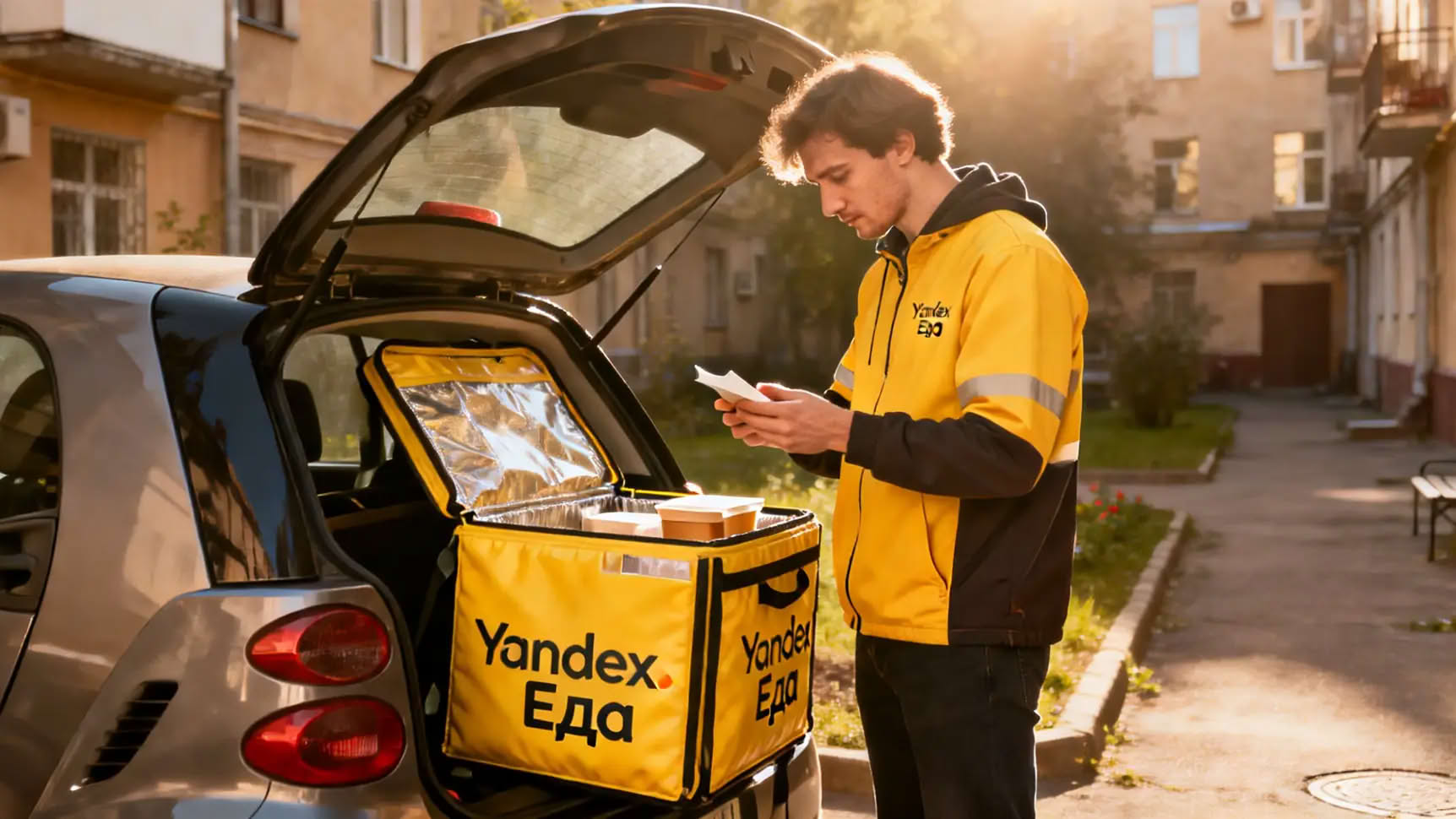 Курьер на самокате быстро перемещается по тротуару в центре города.