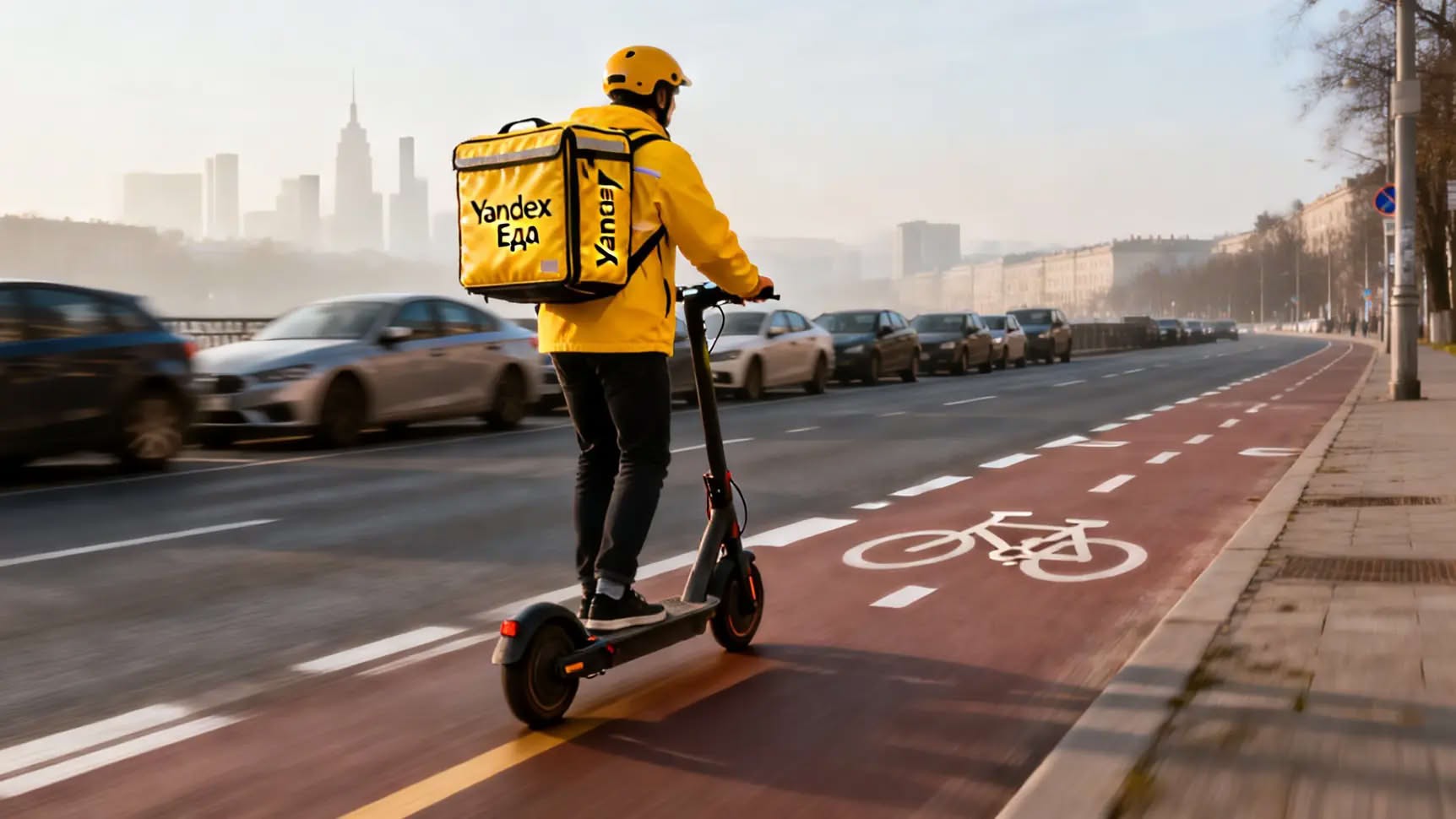 Пеший курьер с термосумкой идет по тротуару в жилом районе города.