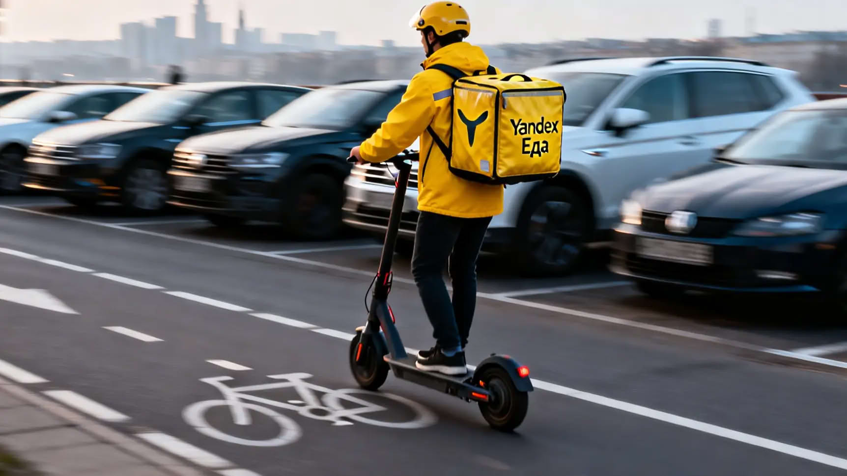 Курьер на электросамокате быстро перемещается по центру мегаполиса с заказом.