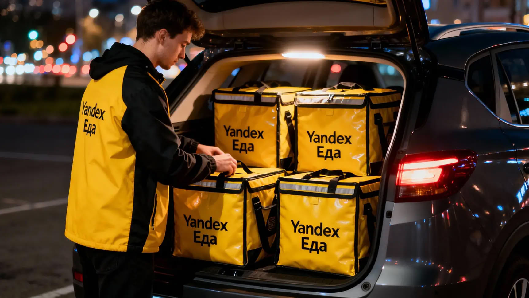 Автокурьер достает упакованный заказ из багажника легкового автомобиля на парковке.