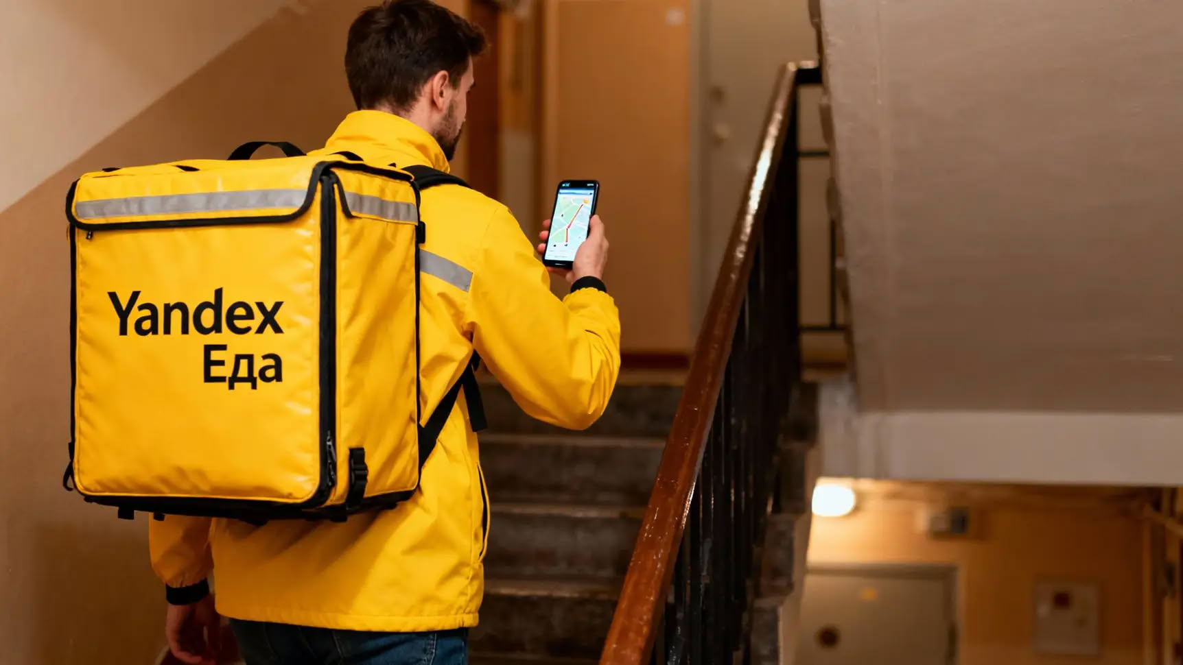 Группа курьеров ожидает новые заказы на площади в центре города.