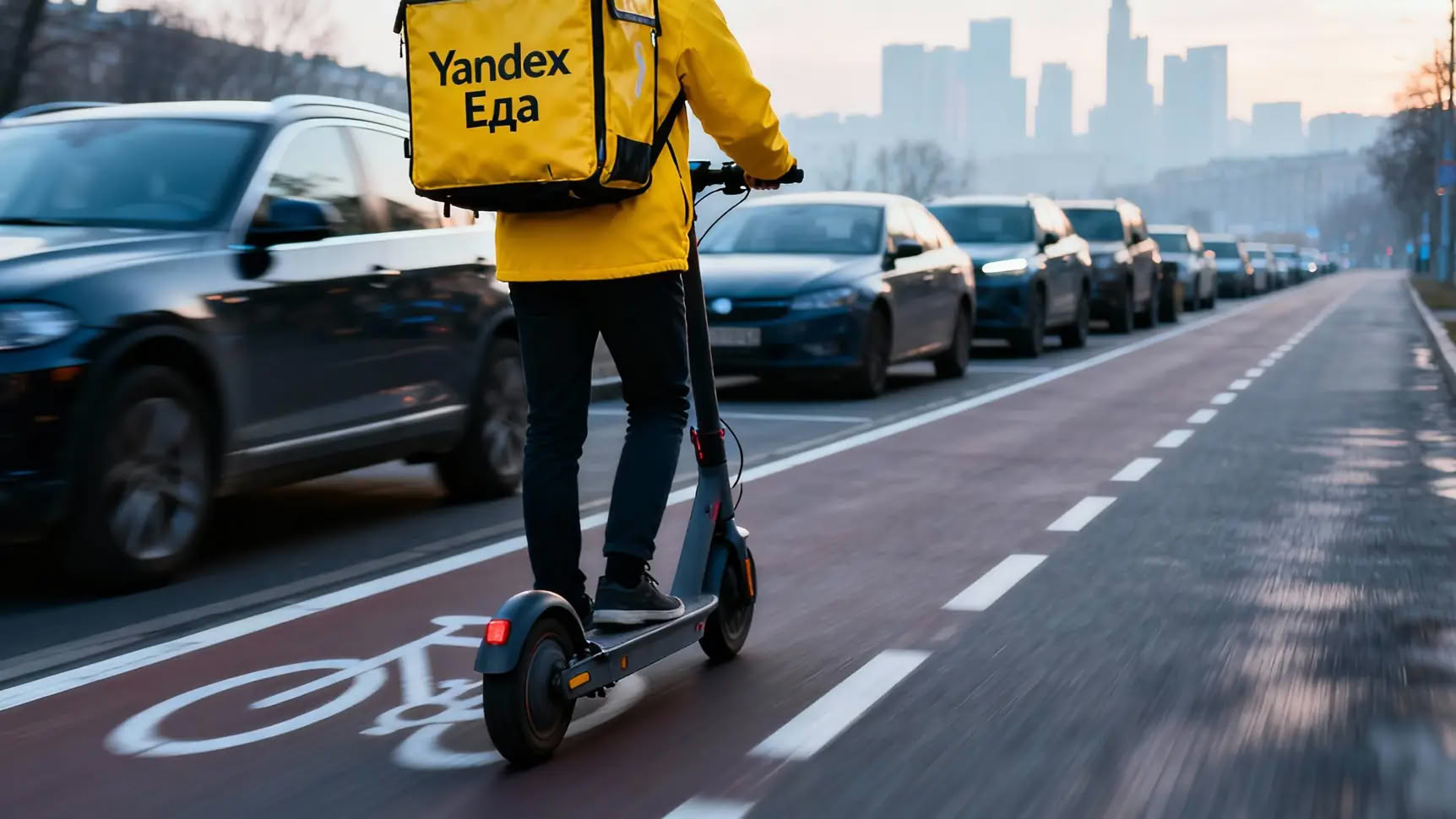 Курьер в униформе передает пакет с продуктами клиенту у входа в здание